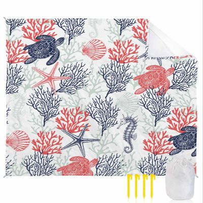 Coastal Sea Turtle Beach Blanket Oversized with Stakes Waterproof Sandproof Beach Mat with Corner Pockets for Outdoor Travel Camping Hiking Picnic,Coastal Ocean Coral Shell Seahorse 118"x108"