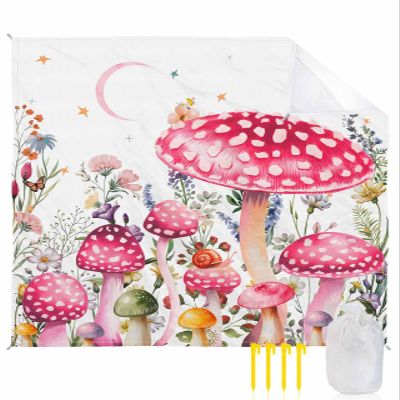 Pink Mushroom Beach Blanket Oversized with Stakes Waterproof Sandproof Beach Mat with Corner Pockets for Outdoor Travel Camping Hiking Picnic,Botanical Wildflower Leaves Spring Herbs 118"x108"