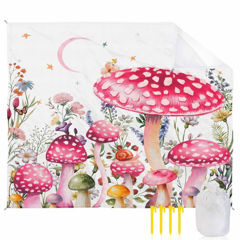 Pink Mushroom Beach Blanket Oversized with Stakes Waterproof Sandproof Beach Mat with Corner Pockets for Outdoor Travel Camping Hiking Picnic,Botanical Wildflower Leaves Spring Herbs 118"x108"