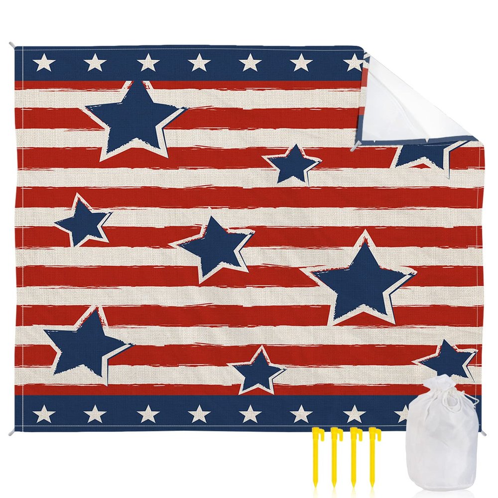 American Flag Beach Blanket Large with Stakes Waterproof Sandproof Beach Mat with Corner Pockets for Outdoor Travel Camping Hiking Picnic,Freedom Stripes Stars Patriotic Memorial Day 84"x108"