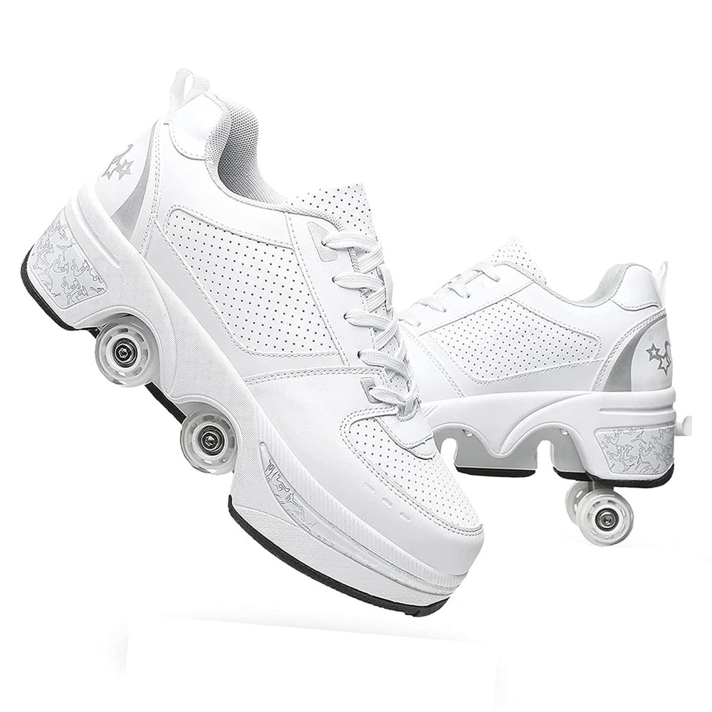 Roller Skate Shoes for Men and Women, Double Row Deform Wheel Roller Skates, Retractable Roller Shoes Sneakers, Outdoor Shoes with Wheels for Boys Girls (White Silver, 9.5)