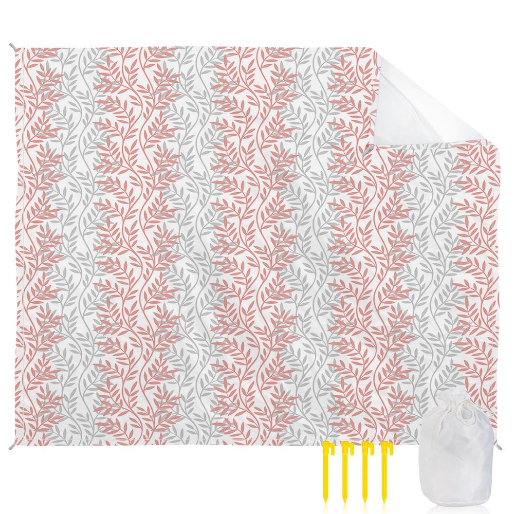 Blush Pink Beach Blanket Large with Stakes Waterproof Sandproof,Foldable Beach Mat with Corner Pockets for Outdoor Travel Camping Hiking Picnic Essentials,Farmhouse Country Forest Leaves Grey 84"x108"