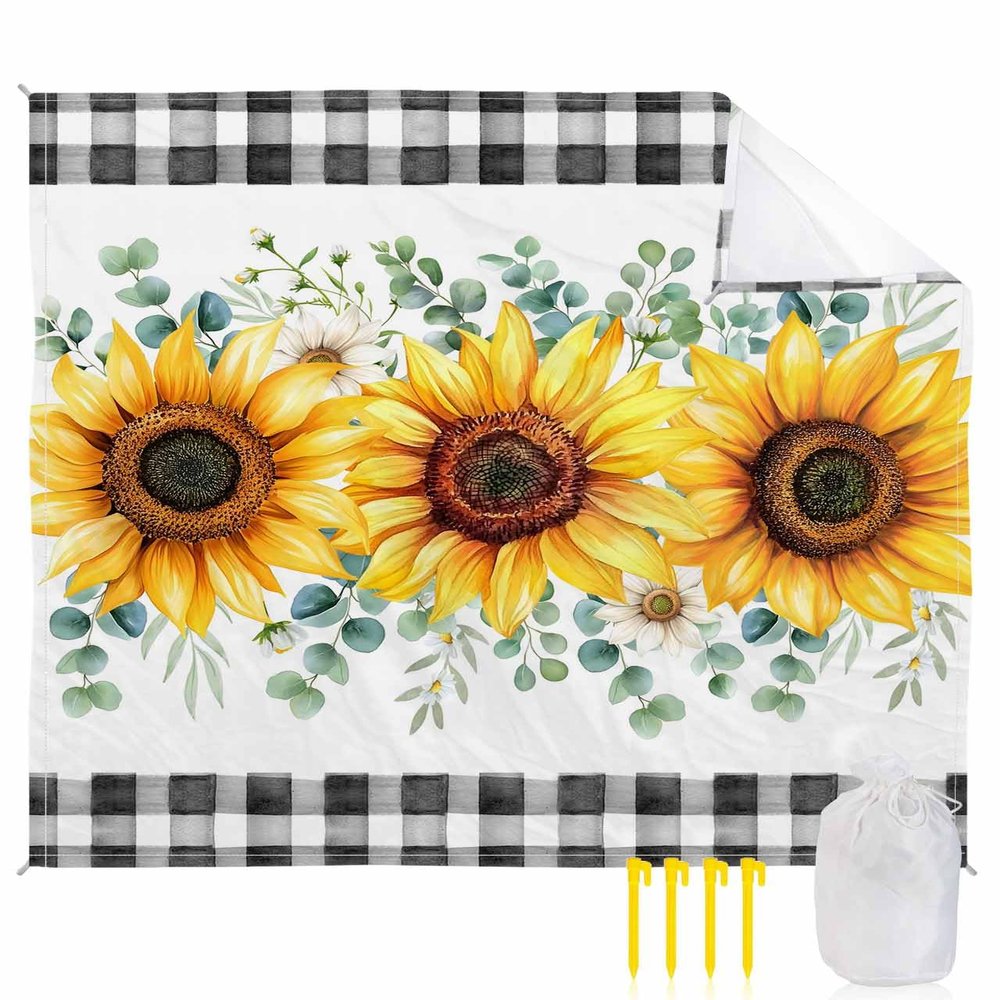 Eucalyptus Floral Beach Blanket Large with Stakes Waterproof Sandproof,Foldable Beach Mat with Corner Pockets for Outdoor Travel Camping Hiking Picnic Essentials,Country Rustic Sunflower Plaid 95"x80"