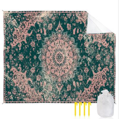 Boho Modern Beach Blanket Large with Stakes Waterproof Sandproof,Foldable Beach Mat with Corner Pockets for Outdoor Travel Camping Hiking Picnic Essentials,Green Abstract Minimalist Flower 83"x79"