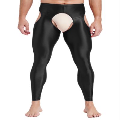 Vxuxlje Men's Oil Shiny Open Crotch Leggings High Waist Cut Out Leggings Compression Pants Black X-Large