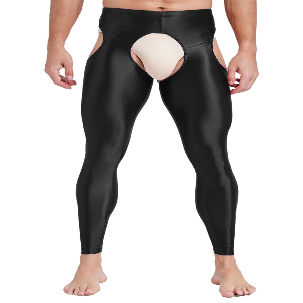 Vxuxlje Men's Oil Shiny Open Crotch Leggings High Waist Cut Out Leggings Compression Pants Black X-Large