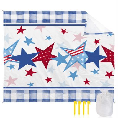 American Flag Beach Blanket Large with Stakes Waterproof Sandproof Beach Mat with Corner Pockets for Outdoor Travel Camping Hiking Picnic Essentials,Memorial Patriotic Freedom Stars Blue 83"x79"