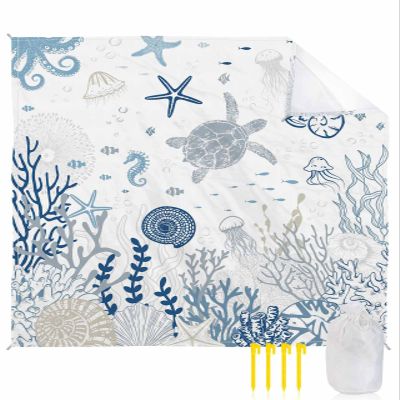 Blue Sea Turtle Beach Blanket Large with Stakes Waterproof Sandproof Beach Mat with Corner Pockets for Outdoor Travel Camping Hiking Picnic Essentials,Coastal Ocean Coral Seaweed Jellyfish 84"x108"