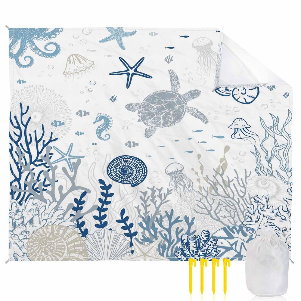 Blue Sea Turtle Beach Blanket Large with Stakes Waterproof Sandproof Beach Mat with Corner Pockets for Outdoor Travel Camping Hiking Picnic Essentials,Coastal Ocean Coral Seaweed Jellyfish 84"x108"