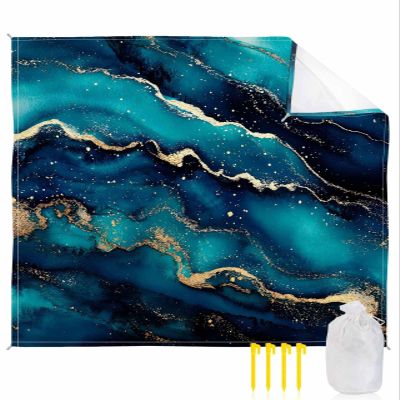 Marble Blue Beach Blanket Large with Stakes Waterproof Sandproof,Foldable Beach Mat with Corner Pockets for Outdoor Travel Camping Hiking Picnic Essentials,Abstract Watercolor Contemporary Art 95"x80"