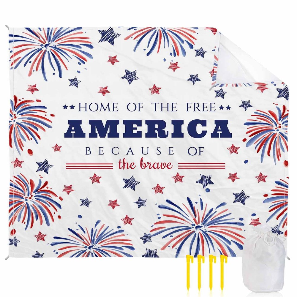 4th of July Beach Blanket Large with Stakes Waterproof Sandproof Beach Mat with Corner Pockets for Outdoor Travel Camping Hiking Picnic Essentials,Patriotic Memorial Firework Stars Red Blue 95"x80"