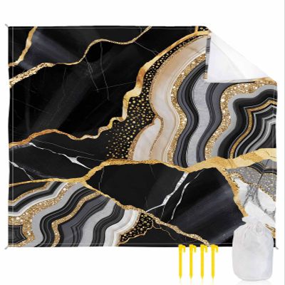 Abstract Marble Beach Blanket Large with Stakes Waterproof Sandproof Beach Mat with Corner Pockets for Outdoor Travel Camping Hiking Picnic Essentials,ContemporaryGeometric Black Grey Gold 95"x80"