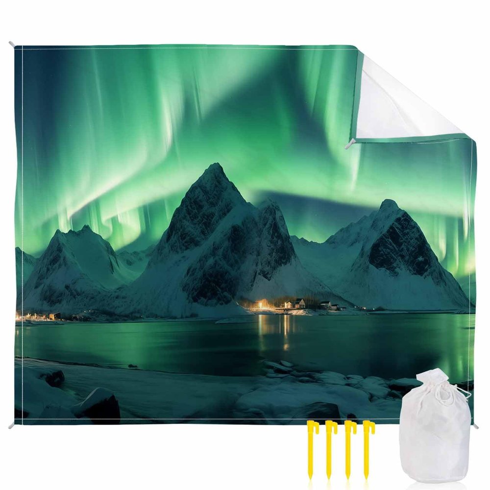 Mountains Beach Blanket Oversized with Stakes Waterproof Sandproof Beach Mat with Corner Pockets for Outdoor Travel Camping Hiking Picnic,Ombre Green Ice Cabin Lodge Summer Winter Ocean 118"x108"