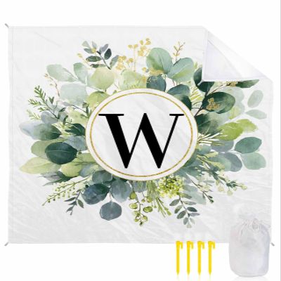 Aesthetic Eucalyptus Beach Blanket Oversized with Stakes Waterproof Sandproof Beach Mat with Corner Pockets for Outdoor Travel Camping Hiking Picnic Essentials,Monogrammed W Farm Flower 118"x108"