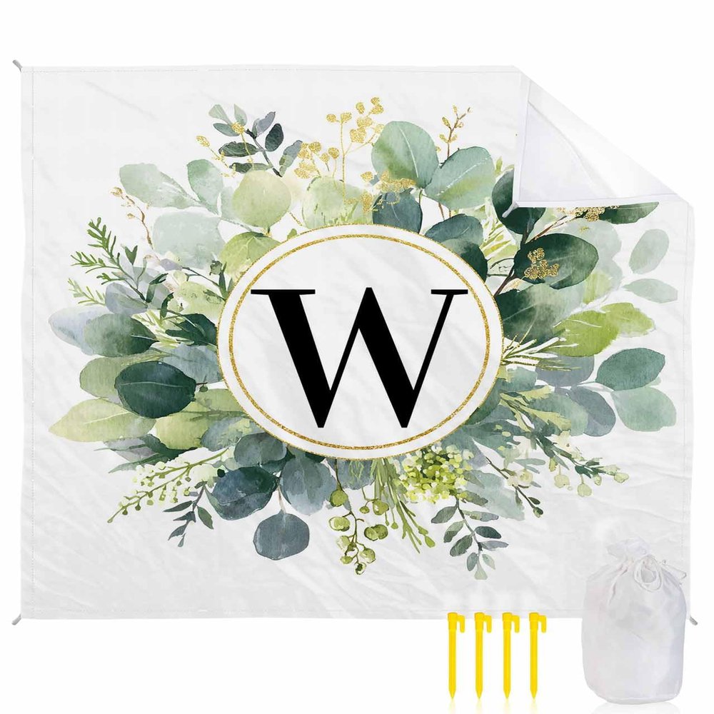 Aesthetic Eucalyptus Beach Blanket Oversized with Stakes Waterproof Sandproof Beach Mat with Corner Pockets for Outdoor Travel Camping Hiking Picnic Essentials,Monogrammed W Farm Flower 118"x108"