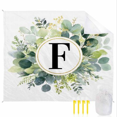 Eucalyptus F Beach Blanket Large with Stakes Waterproof Sandproof Beach Mat with Corner Pockets for Outdoor Travel Camping Hiking Picnic Essentials,Monogrammed Letter Watercolor Plant 84"x108"