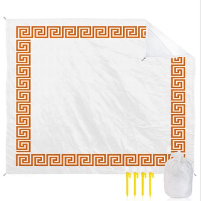 Minimalist Orange Beach Blanket Large with Stakes Waterproof Sandproof Beach Mat with Corner Pockets for Outdoor Travel Camping Hiking Picnic,White Traditional Greece European Greek Art 84"x108"