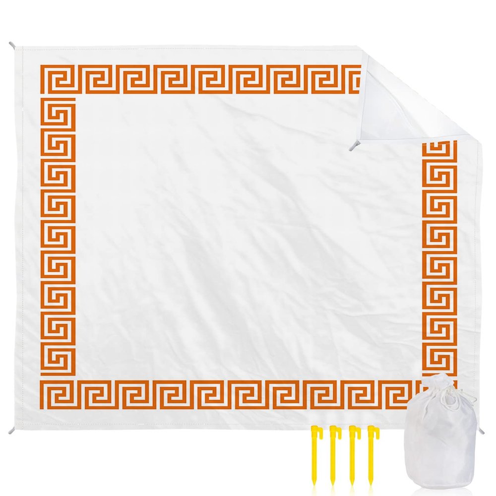 Minimalist Orange Beach Blanket Large with Stakes Waterproof Sandproof Beach Mat with Corner Pockets for Outdoor Travel Camping Hiking Picnic,White Traditional Greece European Greek Art 84"x108"