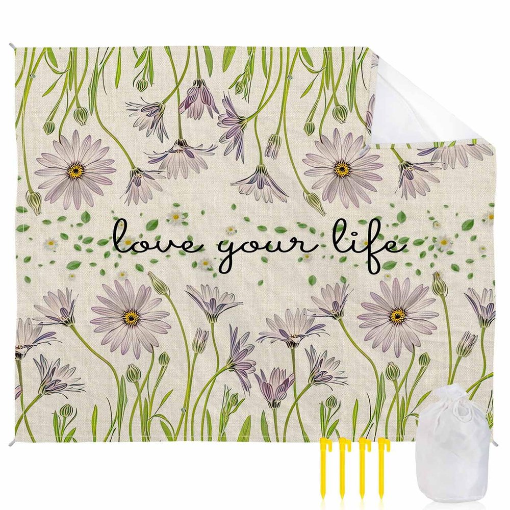 Botanical Flower Beach Blanket Oversized with Stakes Waterproof Sandproof Beach Mat with Corner Pockets for Outdoor Travel Camping Hiking Picnic,Retro Floral Leaves Spring Garden Herbs 118"x108"