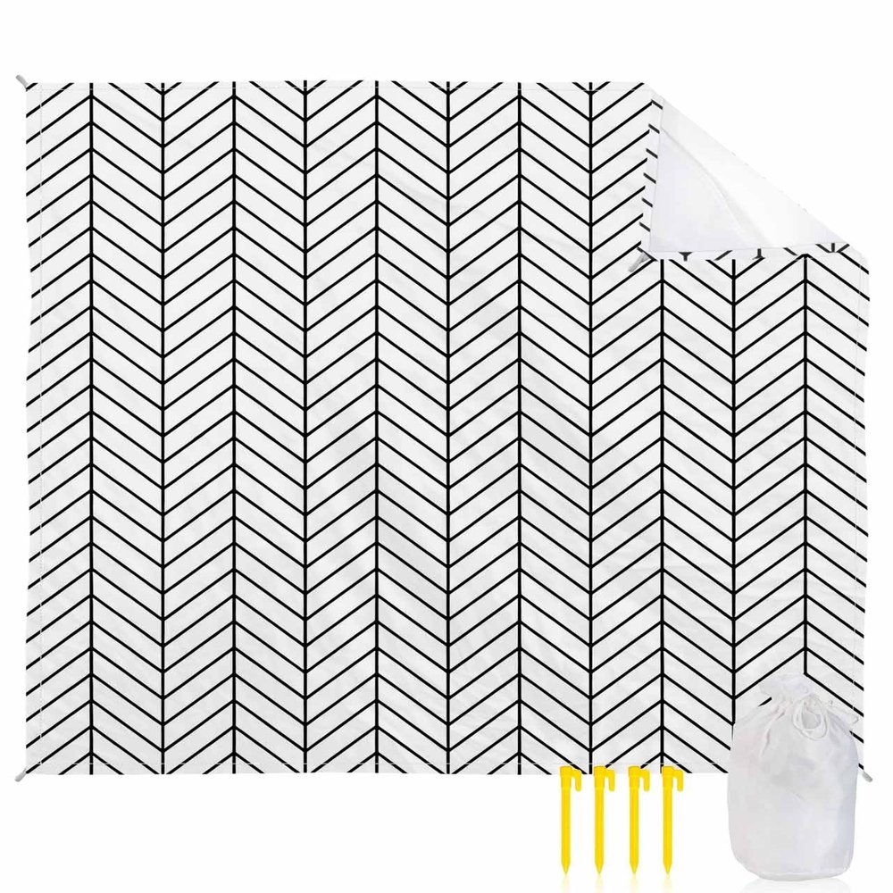 Geometric Black Beach Blanket Large with Stakes Waterproof Sandproof Beach Mat with Corner Pockets for Outdoor Travel Camping Hiking Picnic Essentials,Solid Modern Abstract Contemporary 83"x79"