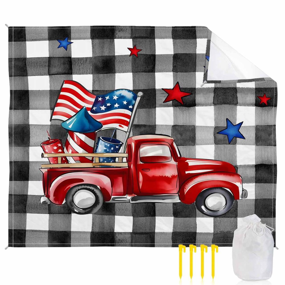 Red Truck Beach Blanket Large with Stakes Waterproof Sandproof Beach Mat with Corner Pockets for Travel Camping Hiking Picnic,Freedom Stripes Stars 4th of July Patriotic Memorial Plaid Day 95"x80"