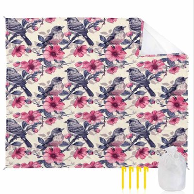 Floral Birds Beach Blanket Large with Stakes Waterproof Sandproof,Foldable Beach Mat with Corner Pockets for Outdoor Travel Camping Hiking Picnic Essentials,Vintage Blooms Botanical Leaves Red 95"x80"