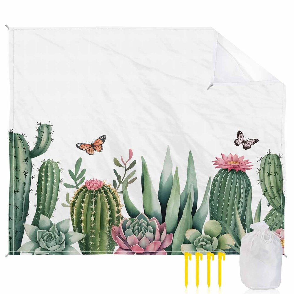 Tropical Cactus Beach Blanket Large with Stakes Waterproof Sandproof Beach Mat with Corner Pockets for Outdoor Travel Camping Hiking Picnic,Green Summer Fall Succulent Plant Butter-fly 84"x108"