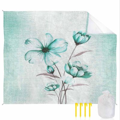 Aqua Floral Beach Blanket Oversized with Stakes Waterproof Sandproof Beach Mat with Corner Pockets for Outdoor Travel Camping Hiking Picnic Essentials,Spring Summer Country Plant Modern Art 118"x108"