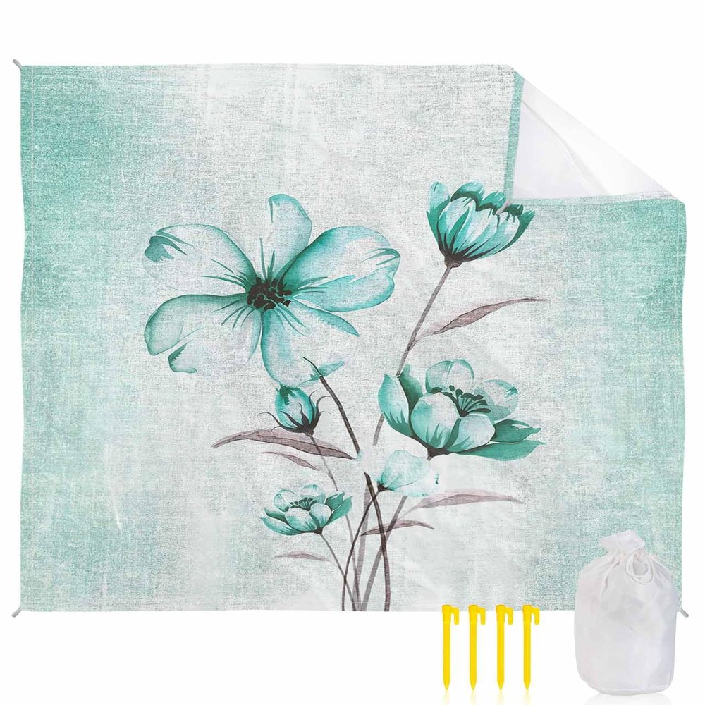 Aqua Floral Beach Blanket Oversized with Stakes Waterproof Sandproof Beach Mat with Corner Pockets for Outdoor Travel Camping Hiking Picnic Essentials,Spring Summer Country Plant Modern Art 118"x108"