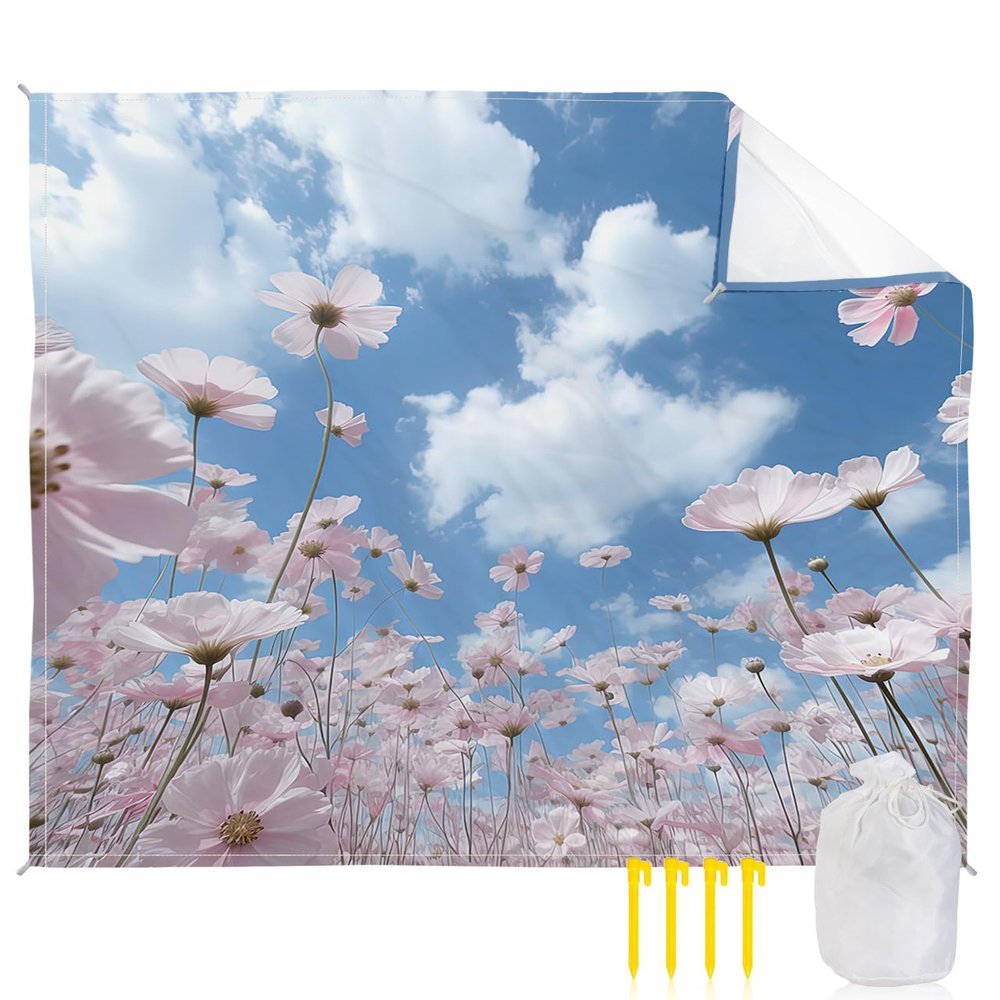 Pastel Pink Flower Beach Blanket Large with Stakes Waterproof Sandproof Beach Mat with Corner Pockets for Outdoor Travel Camping Hiking Picnic Essentials,Farmhosue Country Sky Blue White 84"x108"