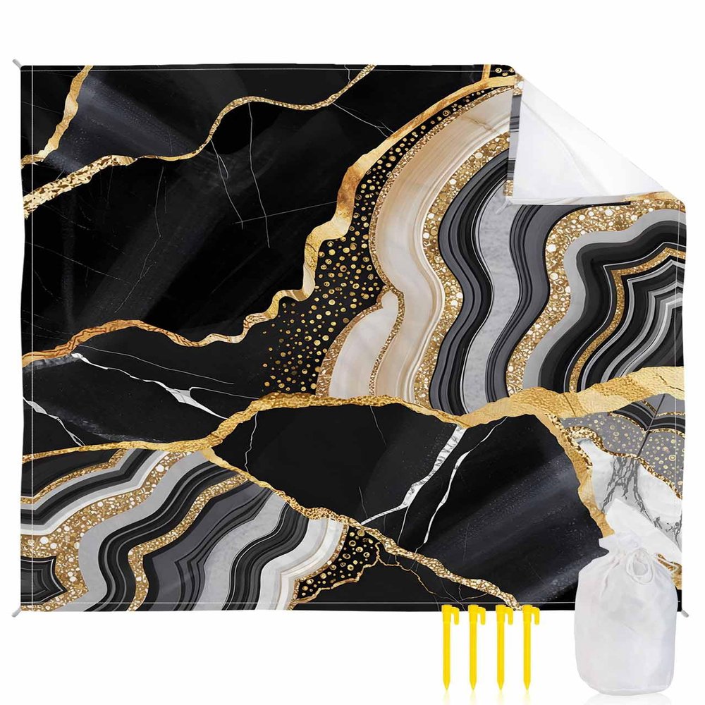 Abstract Marble Beach Blanket Large with Stakes Waterproof Sandproof Beach Mat with Corner Pockets for Outdoor Travel Camping Hiking Picnic Essentials,ContemporaryGeometric Black Grey Gold 84"x108"