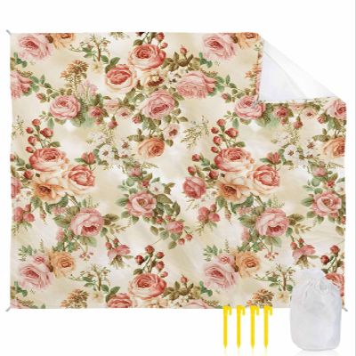 Classical Flowers Beach Blanket Large with Stakes Waterproof Sandproof Beach Mat with Corner Pockets for Outdoor Travel Camping Hiking Picnic Essentials,Vintage Luxurious Florals Retro Leaves 83"x79"