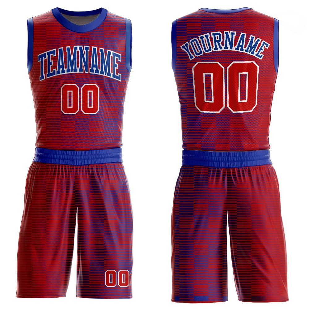 Customized Basketball Jersey Suits Red Blue Design Sportswear for Youth Boys Men Women Girls Personalized Team Uniform Shirts & Shorts Sets with Name Number Logo Print Front and Back