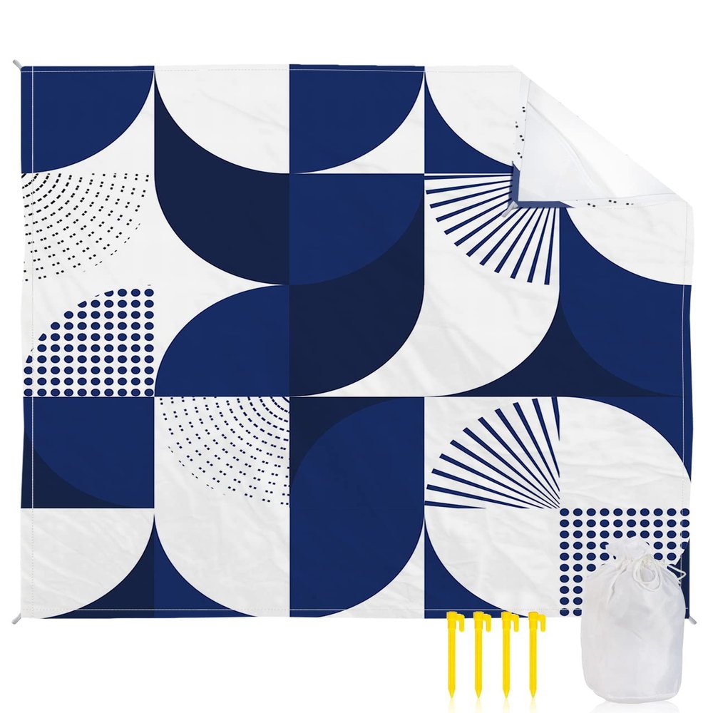 Navy Blue Beach Blanket Large with Stakes Waterproof Sandproof Beach Mat with Corner Pockets for Outdoor Travel Camping Hiking Picnic Essentials,Modern Abstract Geometric Middle Century 84"x108"