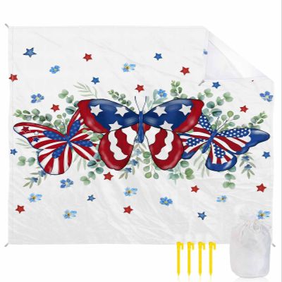 Eucalyptus Leaves Beach Blanket Large with Stakes Waterproof Sandproof Beach Mat with Corner Pockets for Outdoor Travel Camping Hiking Picnic Essentials,Floral Blue Red Blue Flag Watercolor 95"x80"