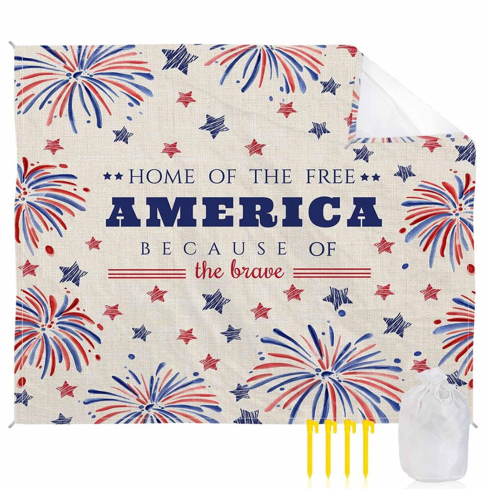 Independence Day Beach Blanket Large with Stakes Waterproof Sandproof,Foldable Beach Mat with Corner Pockets for Outdoor Travel Camping Hiking Picnic Essentials,American Flag Freedom Firework 95"x80"