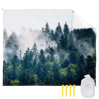 Green Forest Beach Blanket Large with Stakes Waterproof Sandproof Beach Mat with Corner Pockets for Outdoor Travel Camping Hiking Picnic Essentials,Misty Wood-land Trees Foggy Dreamy Scene 95"x80"