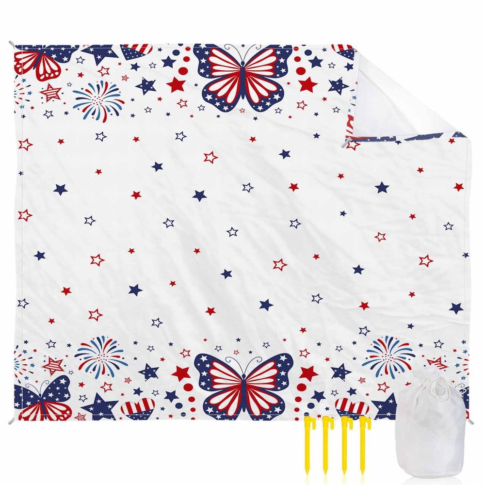 American Flag Beach Blanket Large with Stakes Waterproof Sandproof Beach Mat with Corner Pockets for Outdoor Travel Camping Hiking Picnic,Patriotic Firework Stars Freedom 4th of July 83"x79"