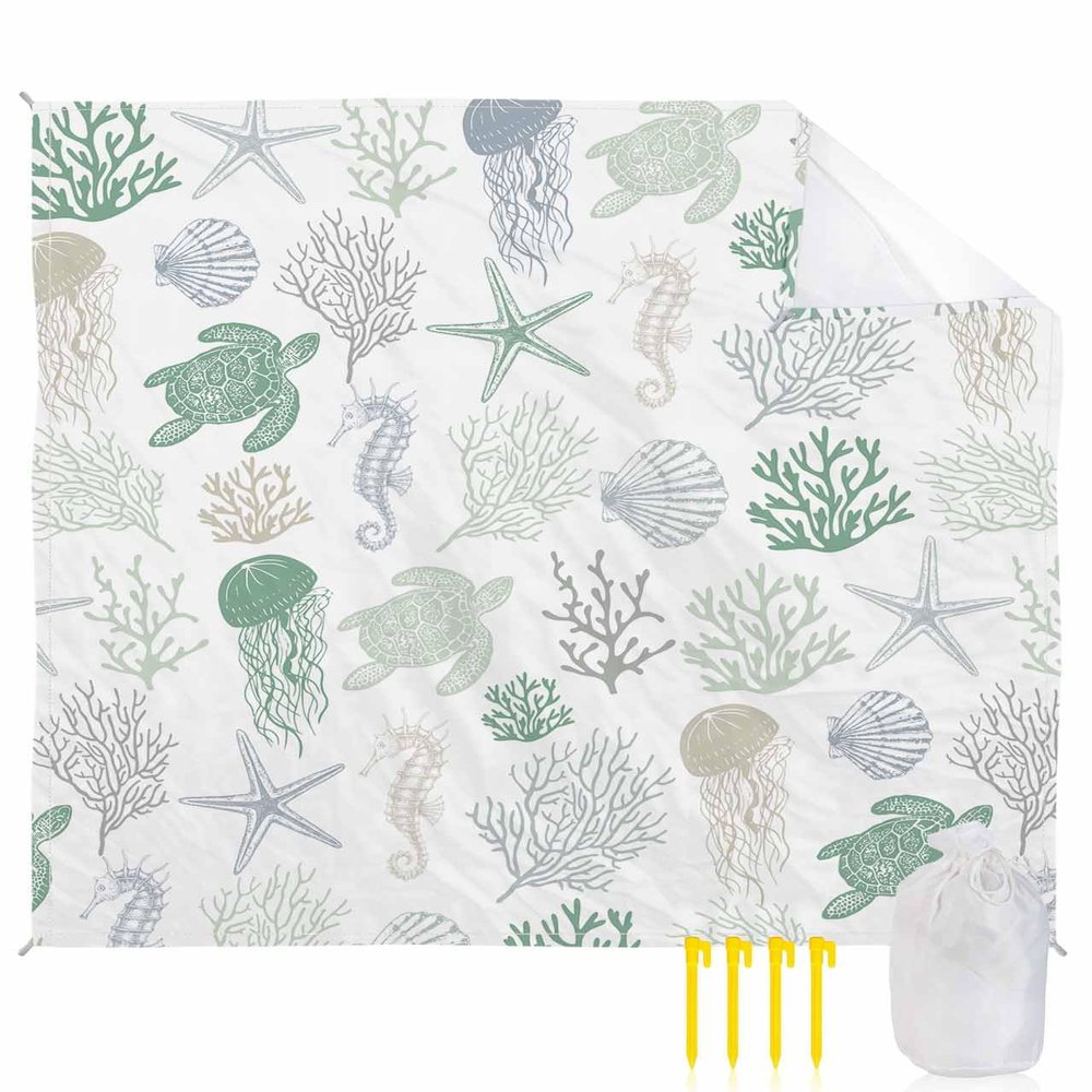 Sage Green Coastal Turtle Beach Blanket Large with Stakes Waterproof Sandproof Beach Mat with Corner Pockets for Outdoor Travel Camping Hiking Picnic,Starfish Jellyfish Coral Shell Seahorse 84"x108"