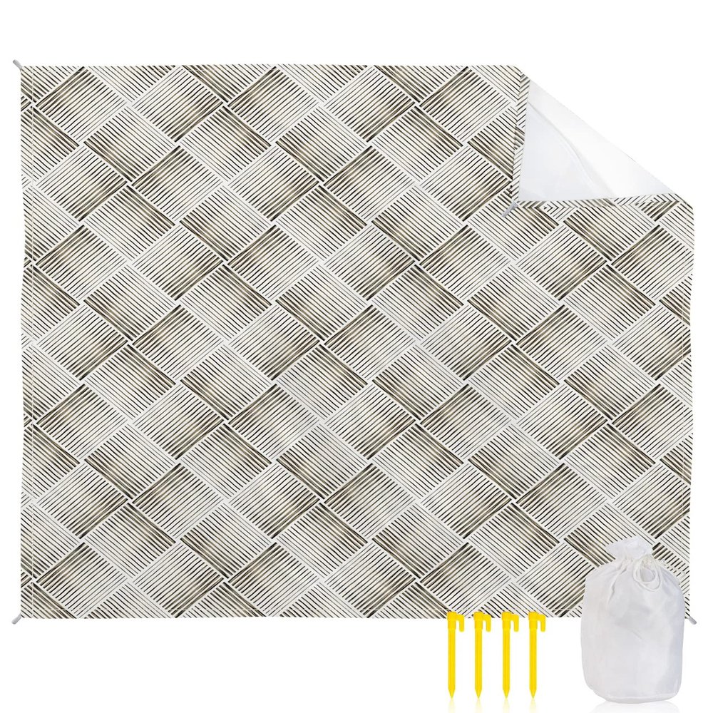 Abstract Stripes Beach Blanket Large with Stakes Waterproof Sandproof Beach Mat with Corner Pockets for Outdoor Travel Camping Hiking Picnic,Retro Minimalist Geometric Lattice Stripes 84"x108"