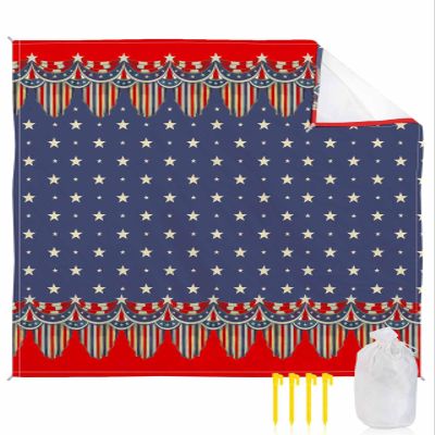 4th of July Beach Blanket Oversized with Stakes Waterproof Sandproof Beach Mat with Corner Pockets for Outdoor Travel Camping Hiking Picnic Essentials,Geometric Red Blue Star Stripes Flag 118"x108"