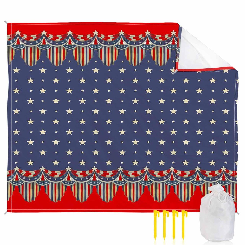 4th of July Beach Blanket Oversized with Stakes Waterproof Sandproof Beach Mat with Corner Pockets for Outdoor Travel Camping Hiking Picnic Essentials,Geometric Red Blue Star Stripes Flag 118"x108"