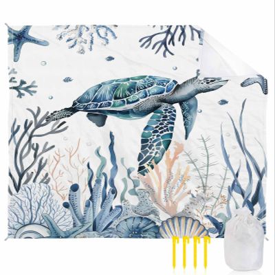 Sea Turtle Beach Blanket Large with Stakes Waterproof Sandproof Beach Mat with Corner Pockets for Outdoor Travel Camping Hiking Picnic Essentials,Blue Ocean Beach Coastal Coral Seaweed Fish 84"x108"
