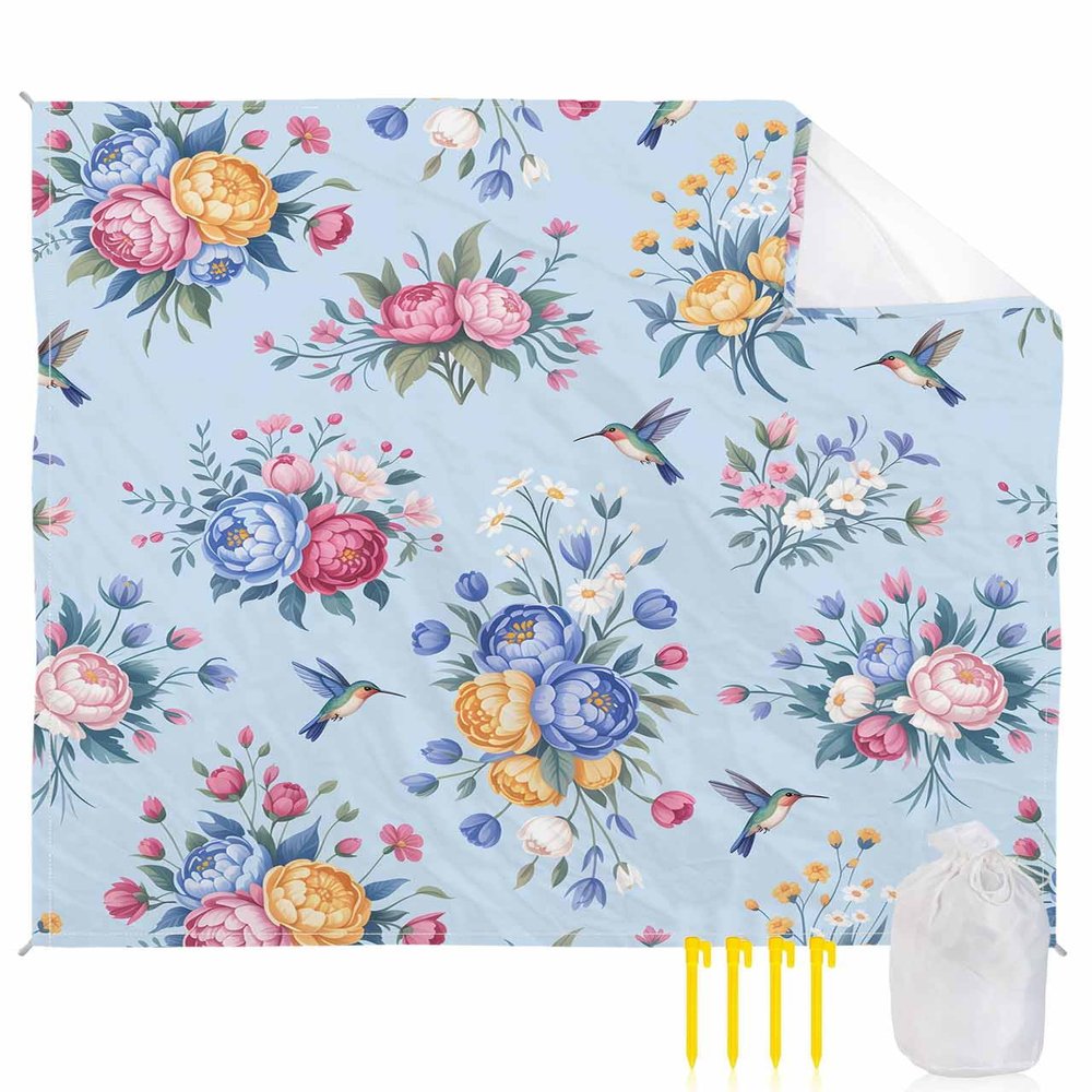 Flower Birds Beach Blanket Large with Stakes Waterproof Sandproof Beach Mat with Corner Pockets for Outdoor Travel Camping Hiking Picnic Essentials,Elegant Blue Florals Spring Summer Plant 84"x108"