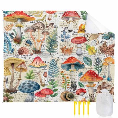 Vegetables Mushroom Beach Blanket Oversized with Stakes Waterproof Sandproof Beach Mat with Corner Pockets for Outdoor Travel Camping Hiking Picnic,Vintage Spring Botanical Newspaper 118"x108"