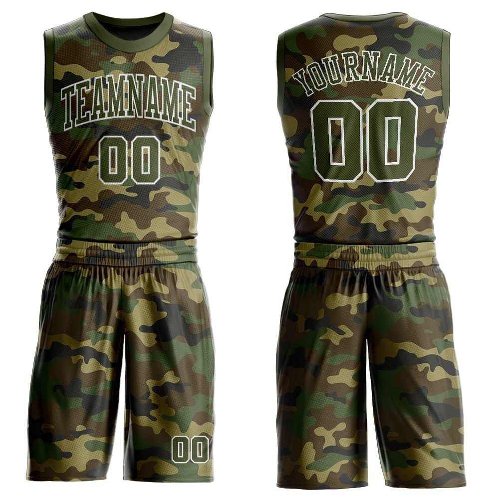Camo Basketball Jerseys Suits for Men Women Boys, Custom Basketball Shirts and Shorts Sets with Team Number Name Logo Print Front and Back, Personalized Green Sportswear for Youth Adults