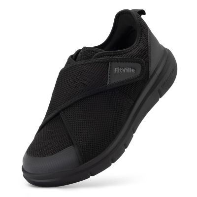 FitVille Diabetic Shoes for Men Extra Wide Width Adjustable Closure Walking Shoes Swollen Feet Shoes for Neuropathy Pain Relief - EasyTop V5 (10.5 Wide, Jet Black)