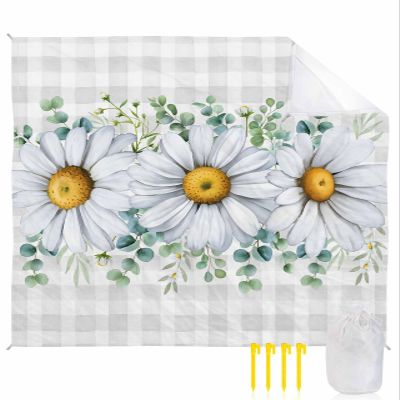 Flower Eucalyptus Beach Blanket Large with Stakes Waterproof Sandproof Beach Mat with Corner Pockets for Outdoor Travel Camping Hiking Picnic,Farmhouse Daisy Buffalo Plaid Check Grey 95"x80"