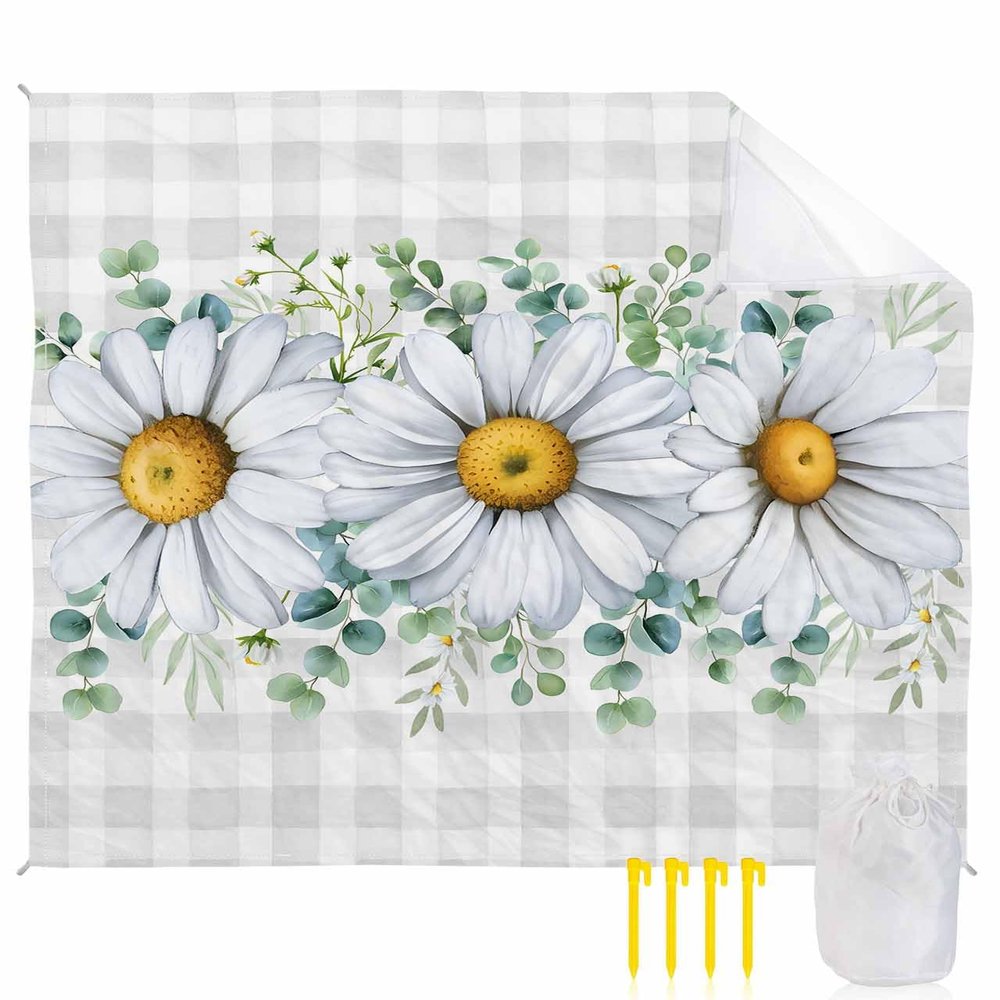 Flower Eucalyptus Beach Blanket Large with Stakes Waterproof Sandproof Beach Mat with Corner Pockets for Outdoor Travel Camping Hiking Picnic,Farmhouse Daisy Buffalo Plaid Check Grey 95"x80"