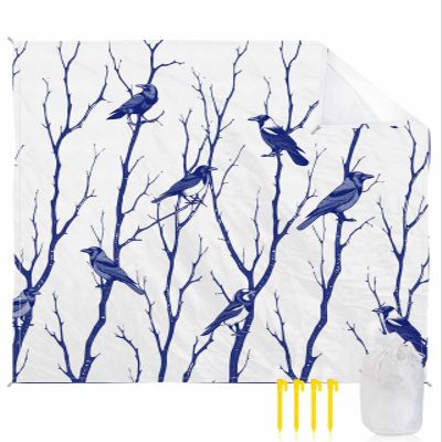 Forest Tree Bird Beach Blanket Large with Stakes Waterproof Sandproof Beach Mat with Corner Pockets for Outdoor Travel Camping Hiking Picnic Essentials,Navy Blue Branch Modern Simple White 83"x79"